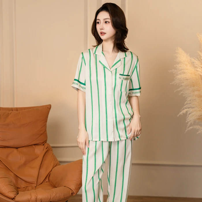 MiiOW/猫人条纹三件套春季短袖长裤短裤通用睡衣家居服套装