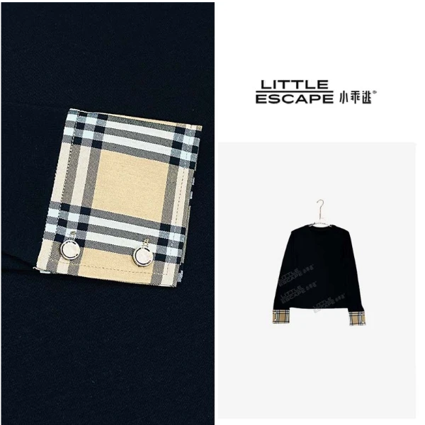 小乖逃休闲时尚黑色T恤冬季百搭打底格子袖巴家时尚休闲长袖T8027