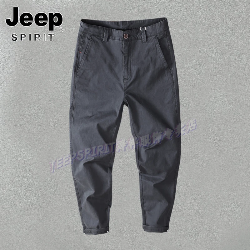 Jeep吉普春秋季潮牌男士休闲裤复古日系小直筒裤纯棉纯色工装长裤