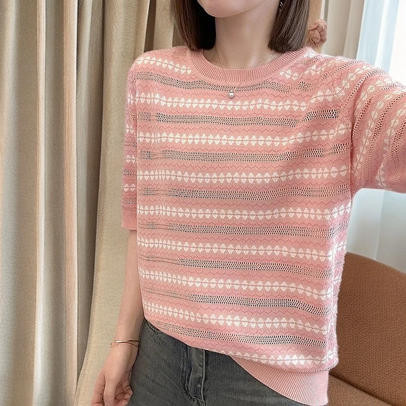 200斤可穿夏季冰丝短袖T恤女宽松韩版大码遮肚上衣条纹百搭针织衫