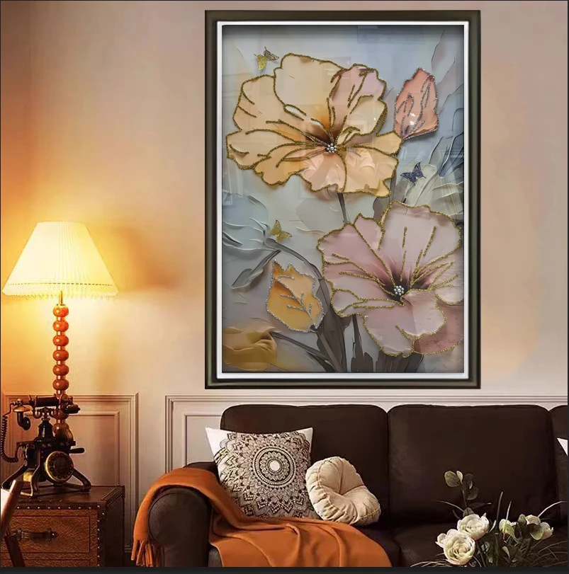 Q253花卉时尚餐厅客厅轻奢挂画钢化玻璃装裱实物鎏金画装饰画