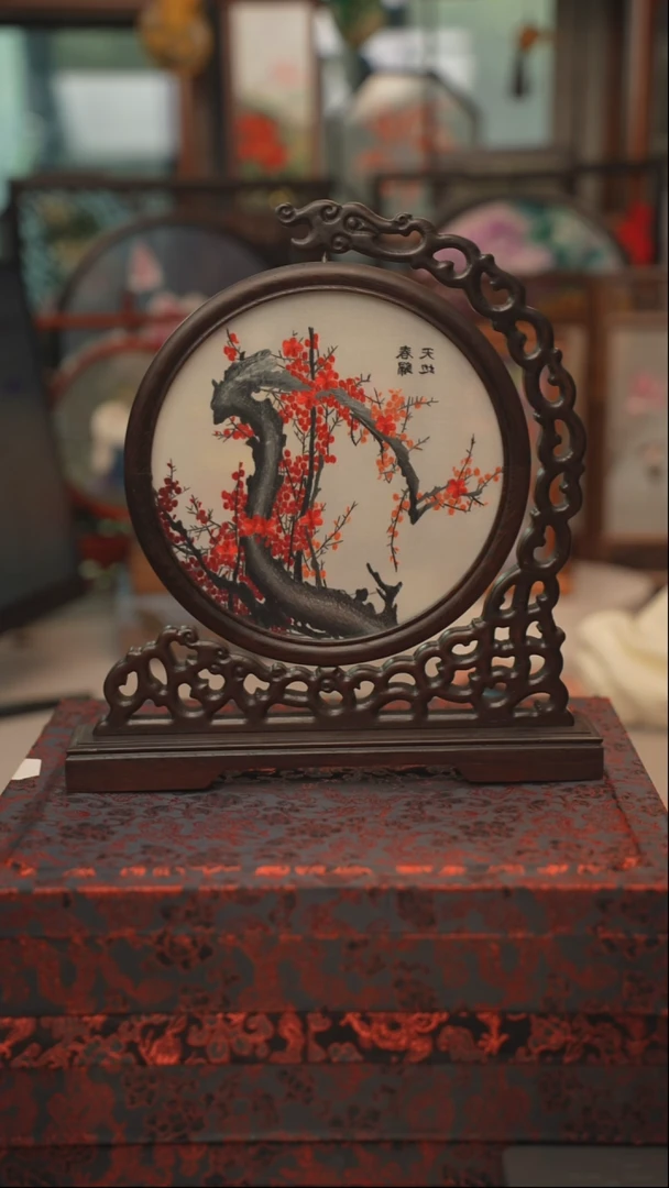 扇子龙头架 苏绣双面绣摆台