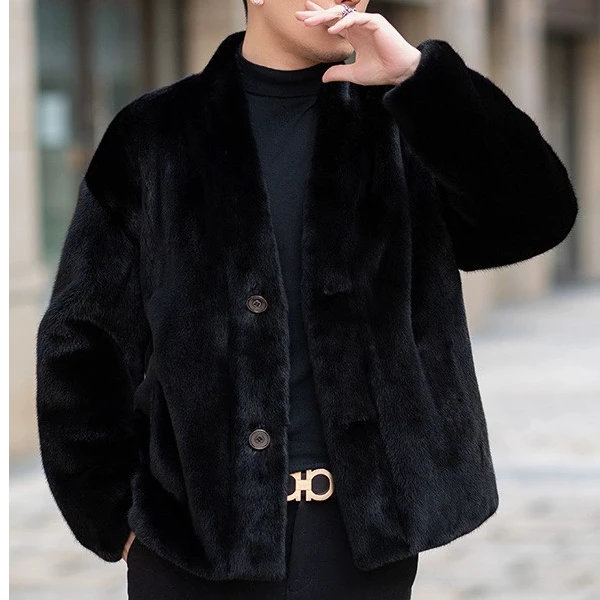 【宝嘉美V领】 水貂外套道袍款外套海宁皮草V领整貂男士貂皮