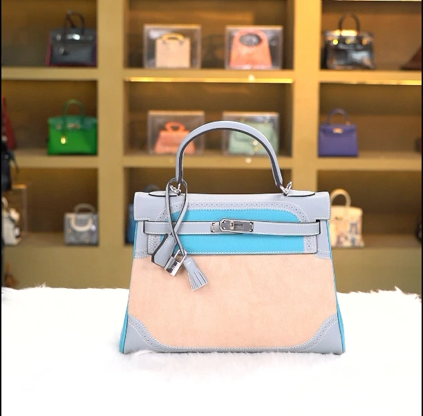 【尺寸：32*12*23】SISI原创设计高定真皮女包KL-32 蕾丝亚麻蓝