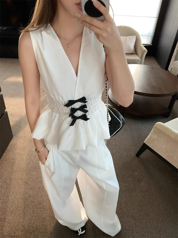 莉莉安少女 蝴蝶结v领无袖背心上衣女宽松显瘦直筒阔腿裤时尚套装