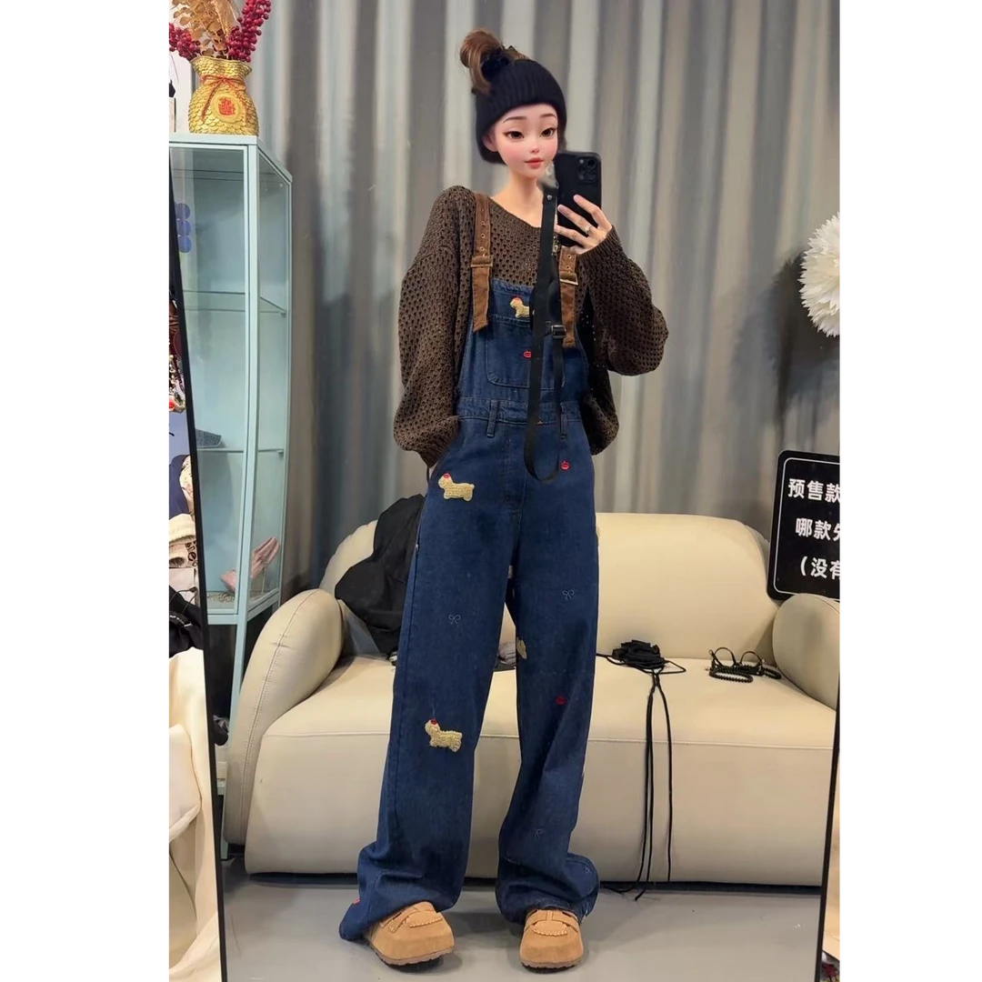 【文乐乐】春季新款洋气重工卡通贴片时尚休闲潮流牛仔背带裤5396