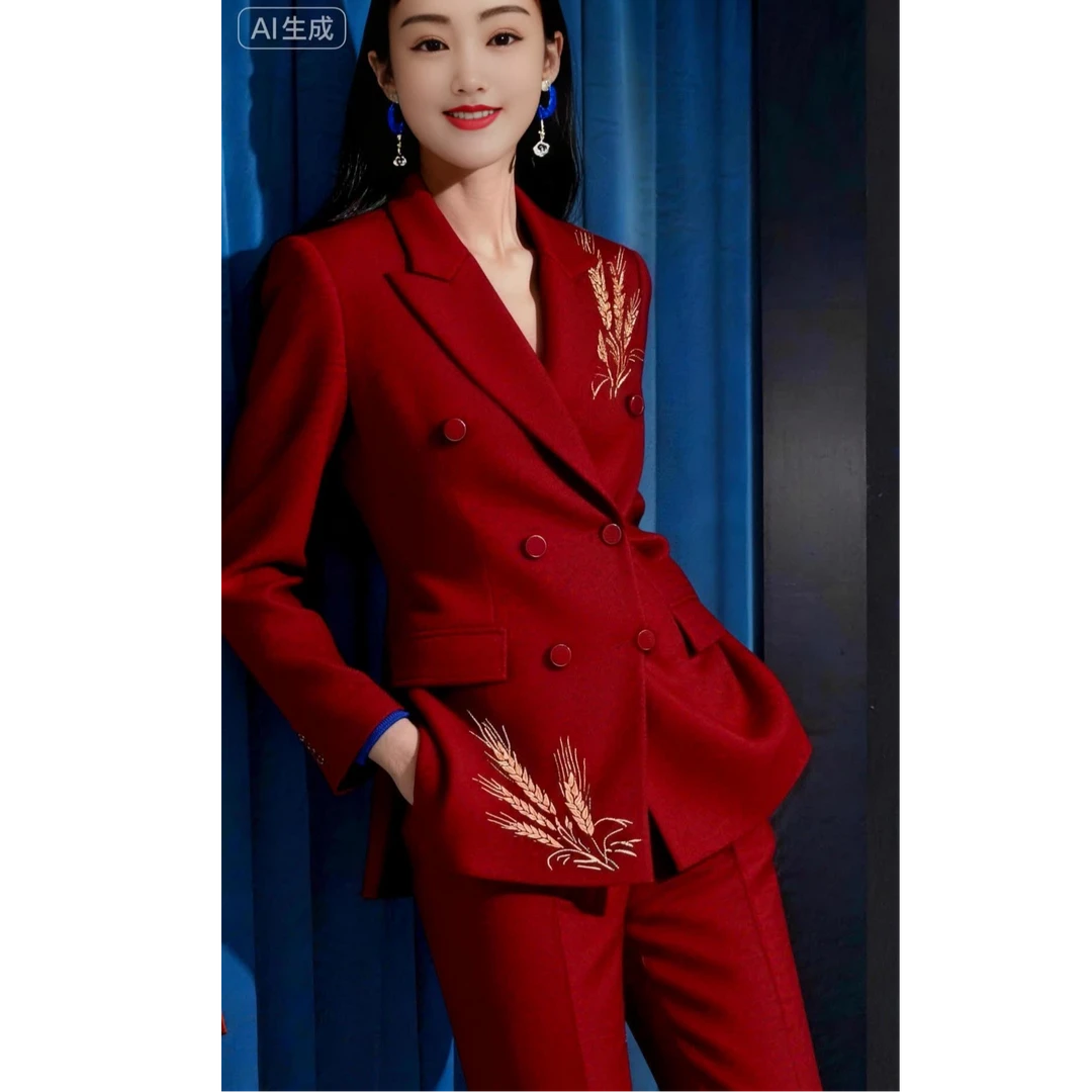 25995-2金麦穗刺绣中国风西装红色秋冬长袖套装秋季轻奢气质