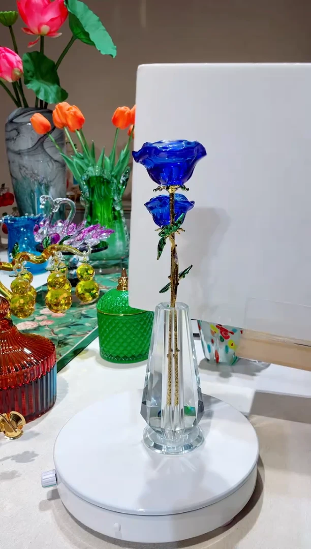 琉璃手工艺品蓝色水晶玫瑰