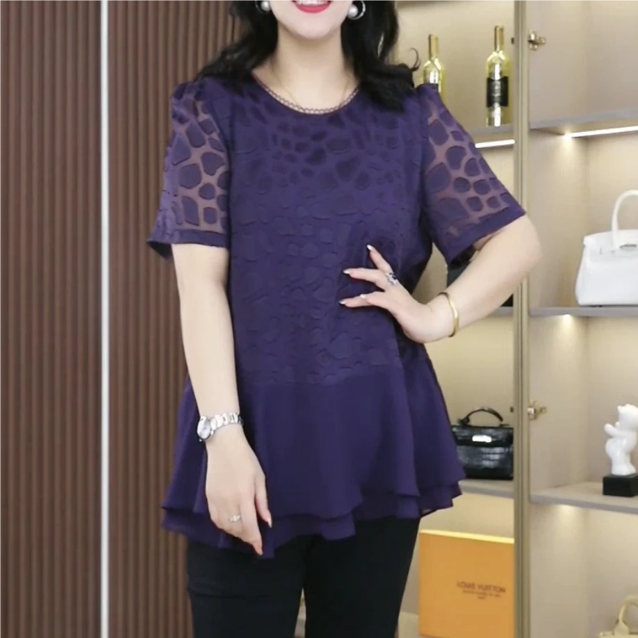苏兰诺夏季大码女装显瘦气质暗纹提花衫洋气百搭宽松上衣ZB6971