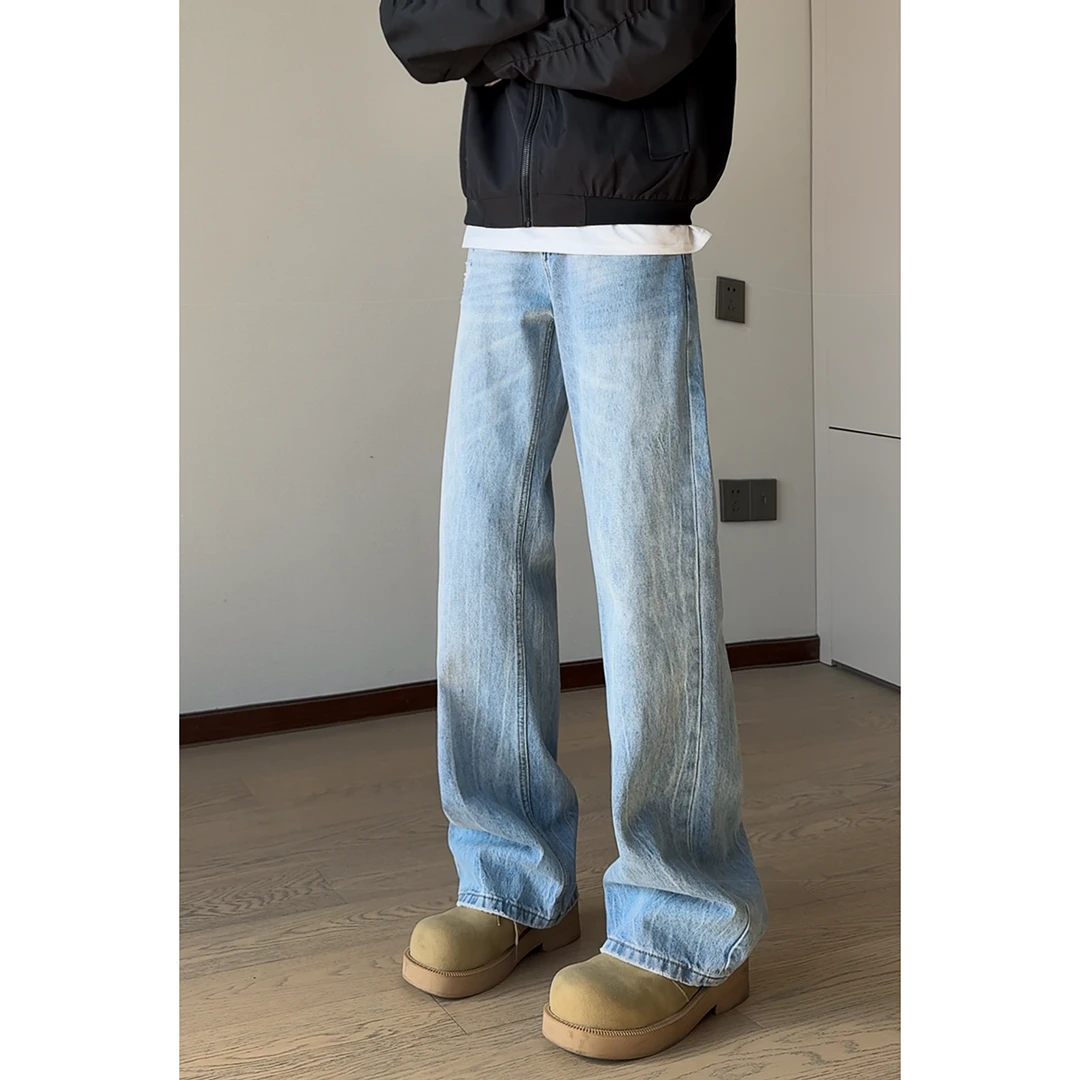 秋季美式休闲情侣直筒磨破闪电纹水洗蓝牛牛仔长裤微喇显瘦百搭