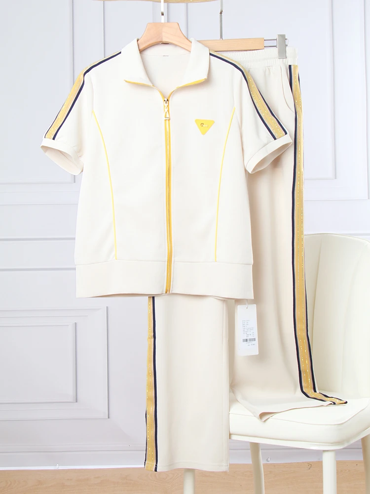 女士休闲套装2025新款高端品牌夏季开衫短袖时尚减龄直筒裤两件套