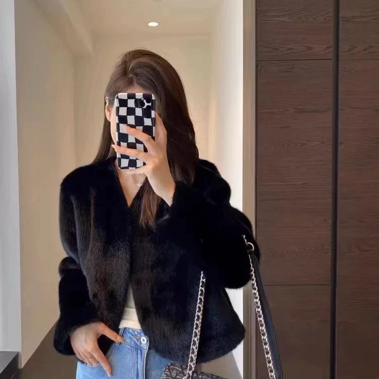 新款女装仿貂绒皮毛一体短外套百搭上衣休闲冬季保暖开衫3590