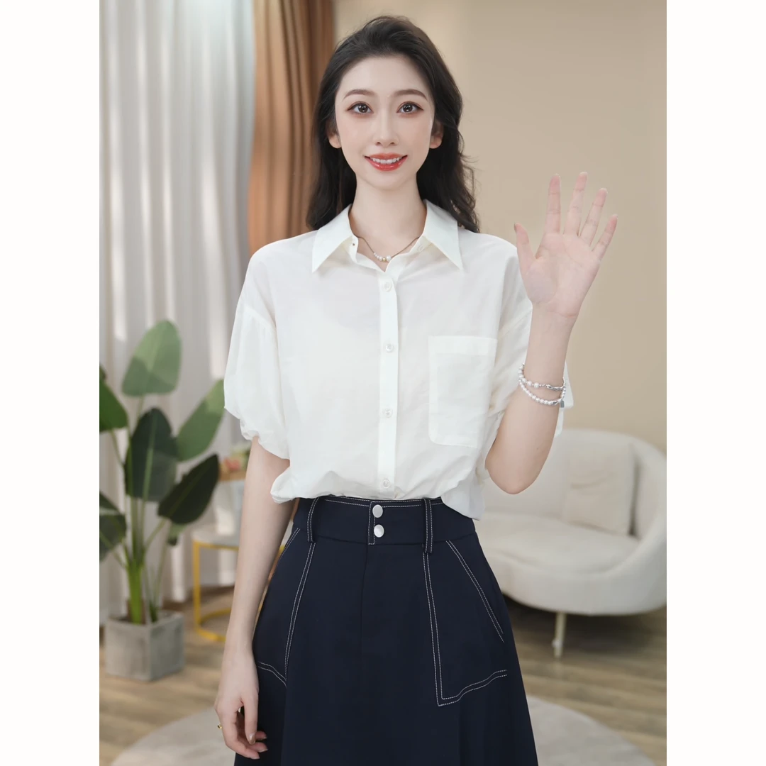 【曼贝】气质风短袖衬衫女时尚百搭设计感职业上衣6392005【甜甜】