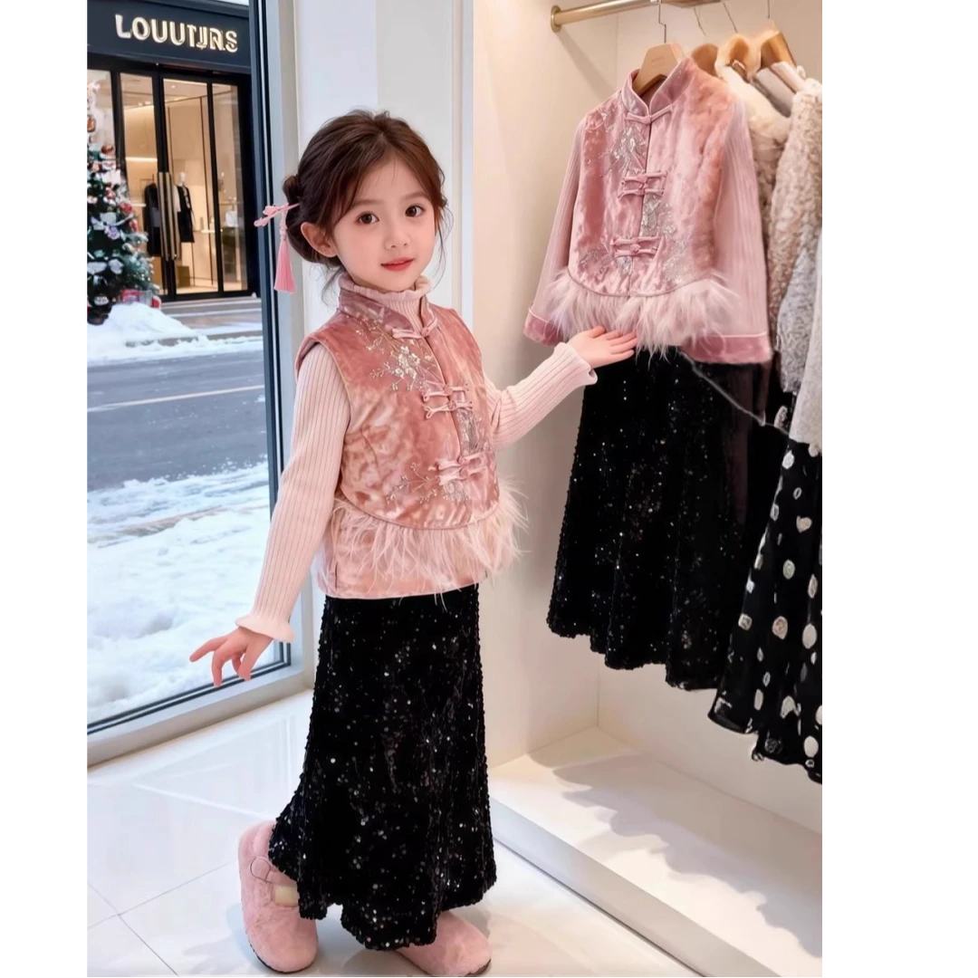 女童新中式套装秋冬汉服儿童唐装拜年服小女孩儿国风加绒保暖套装