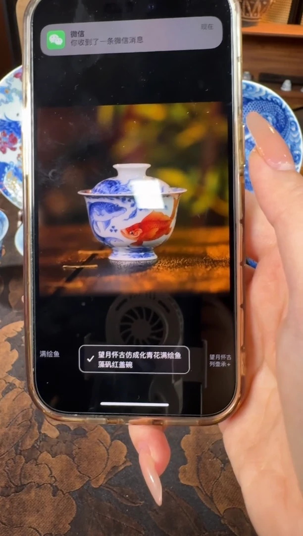 杯子陶瓷L*豪望月怀古青花矾红鱼藻盖碗