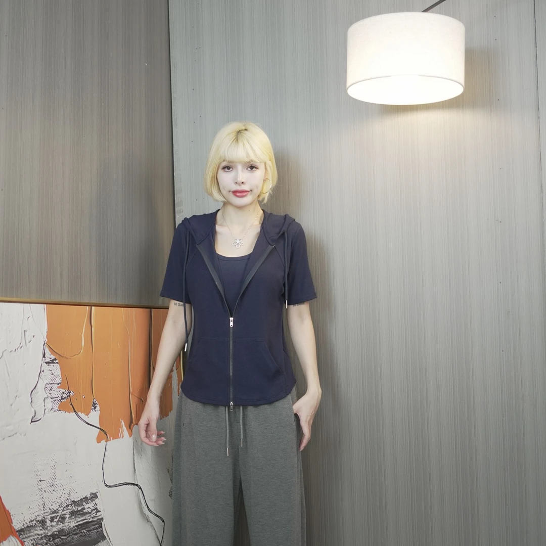 【冰冰推荐】566拼接常规时尚口袋短袖T恤连帽运动速干拉链气质显瘦