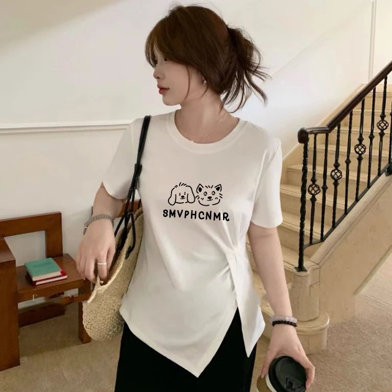 开叉设计感遮肉显瘦百搭上衣不规则纯色圆领短袖T恤女夏胖MM褶皱