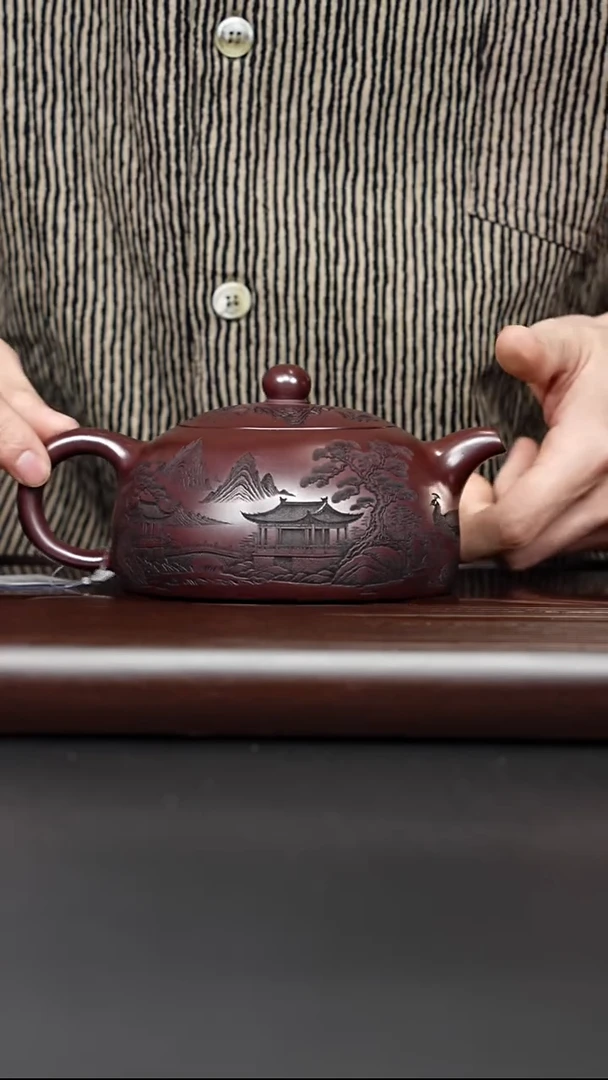 茶壶紫砂宜兴紫砂 亭台半月 铁血红砂 李恒杨 380cc
