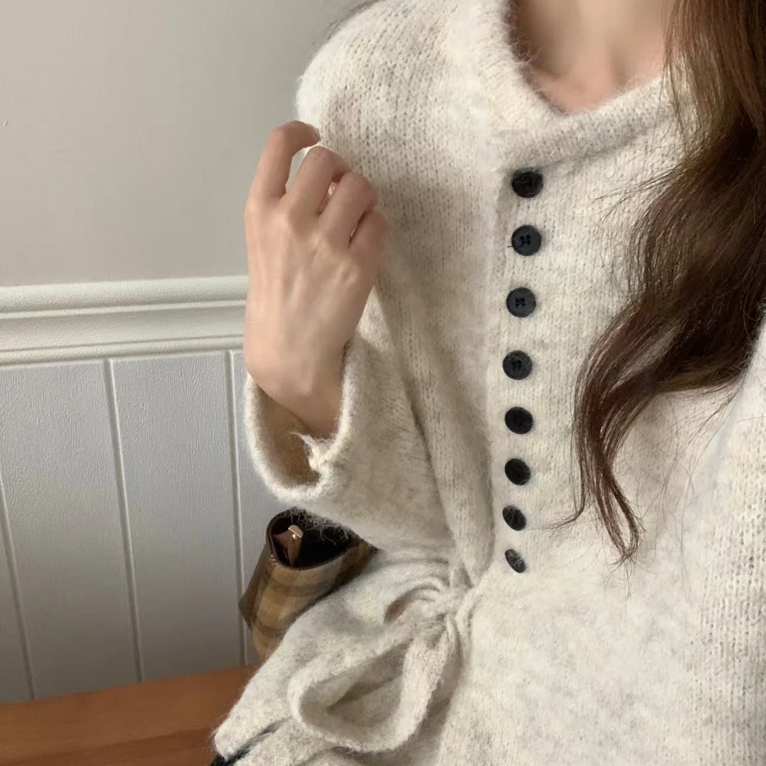 【原野焦糖】不规则绑带毛衣气质设计感宽松长袖针织外套女chic潮