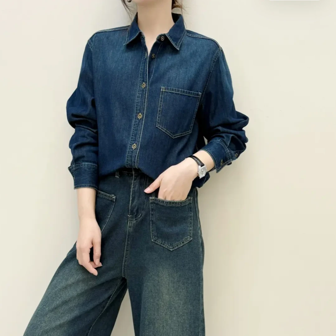 2024秋季复古水洗纯棉牛仔衬衣女长袖宽松叠穿打底休闲衬衫上衣潮