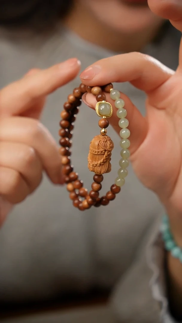 【闪购商品】檀香木手串未镶嵌老山檀香扎基配和田玉双圈