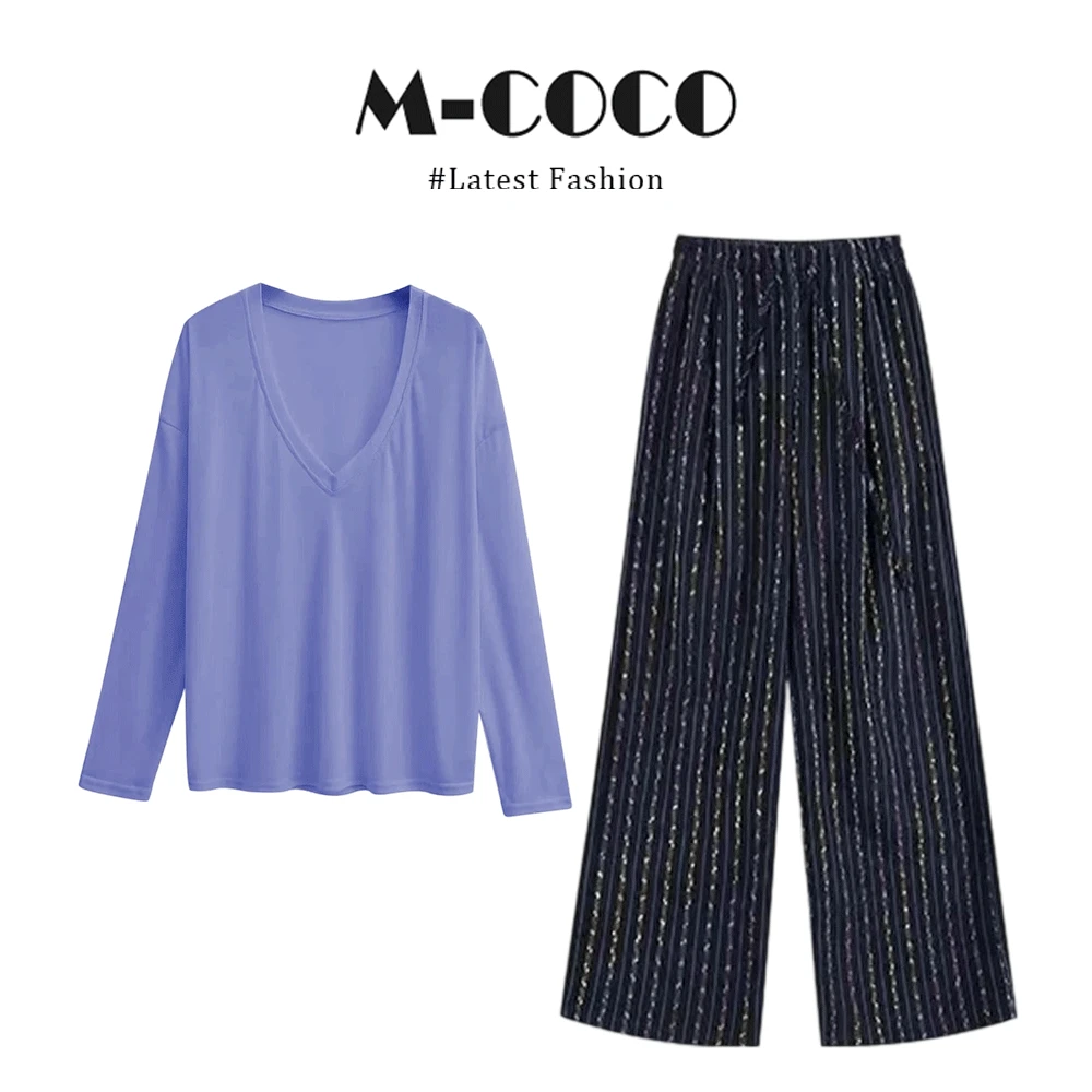 MARIE.COCO韩系慵懒松弛感V领紫色防晒长袖T恤上衣条纹休闲裤套装