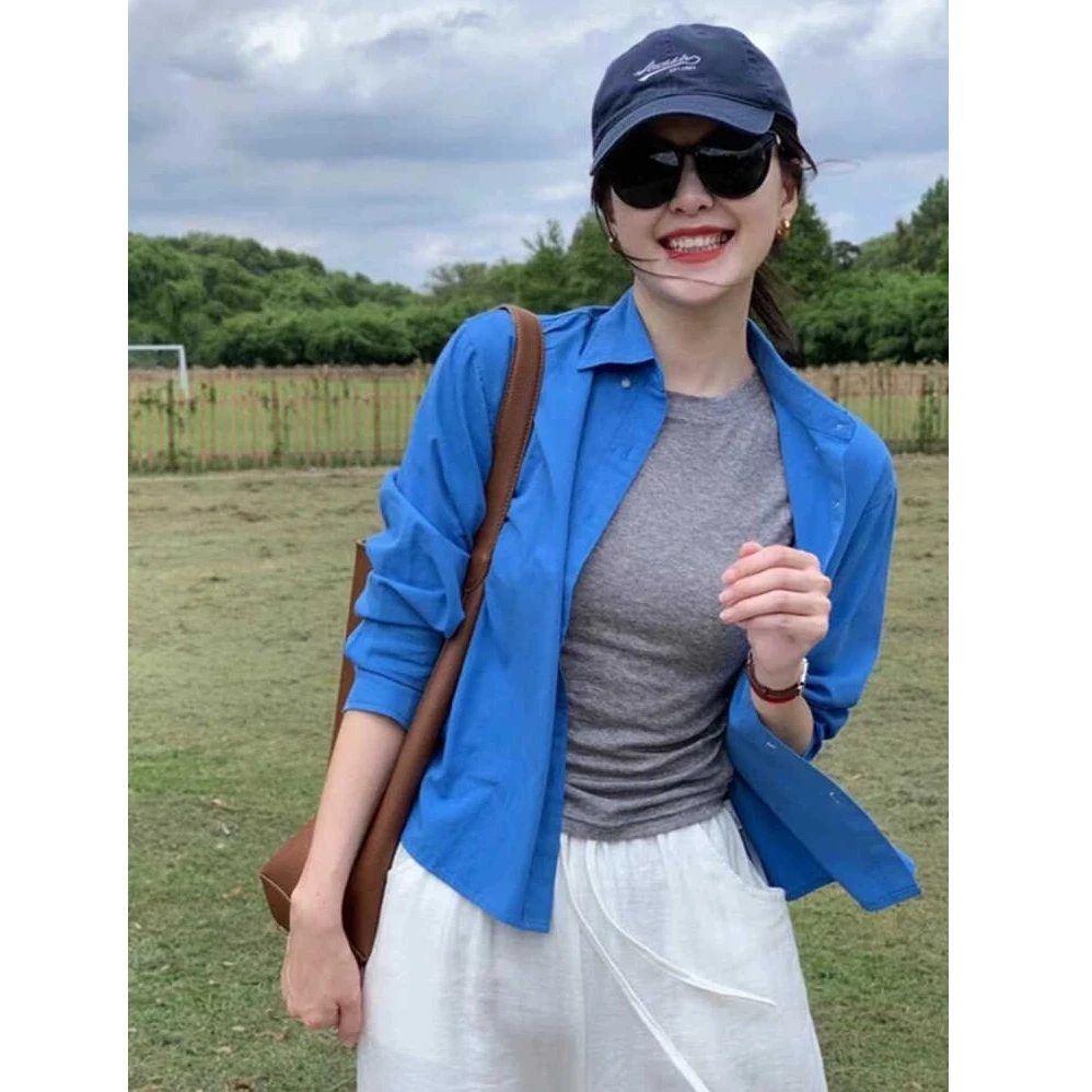 韩版克莱因蓝短款衬衫女春秋新款高级设计感小众复古宽松衬衣外套