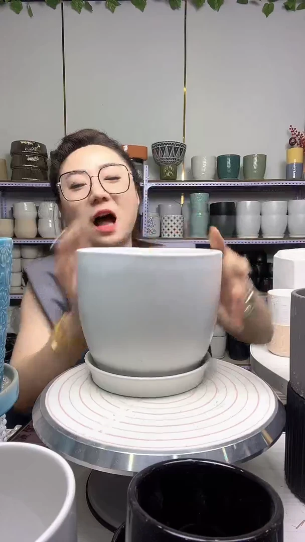 陶瓷花盆自带水孔宽高19-17