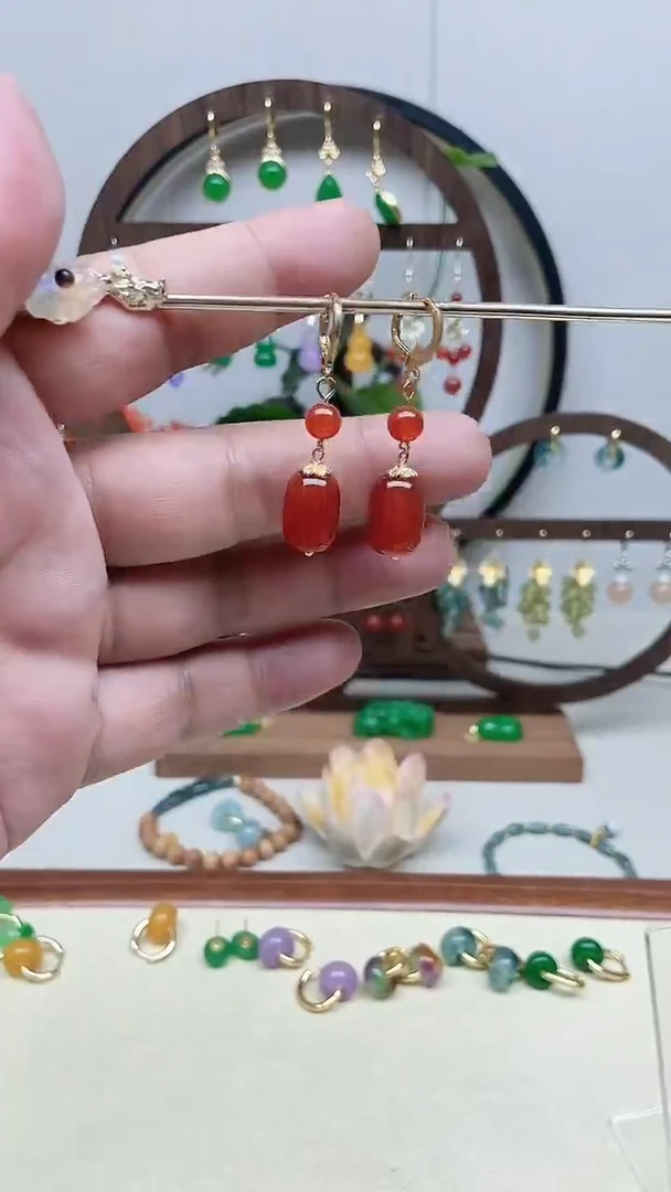 南红玛瑙14K金镶嵌耳饰81号