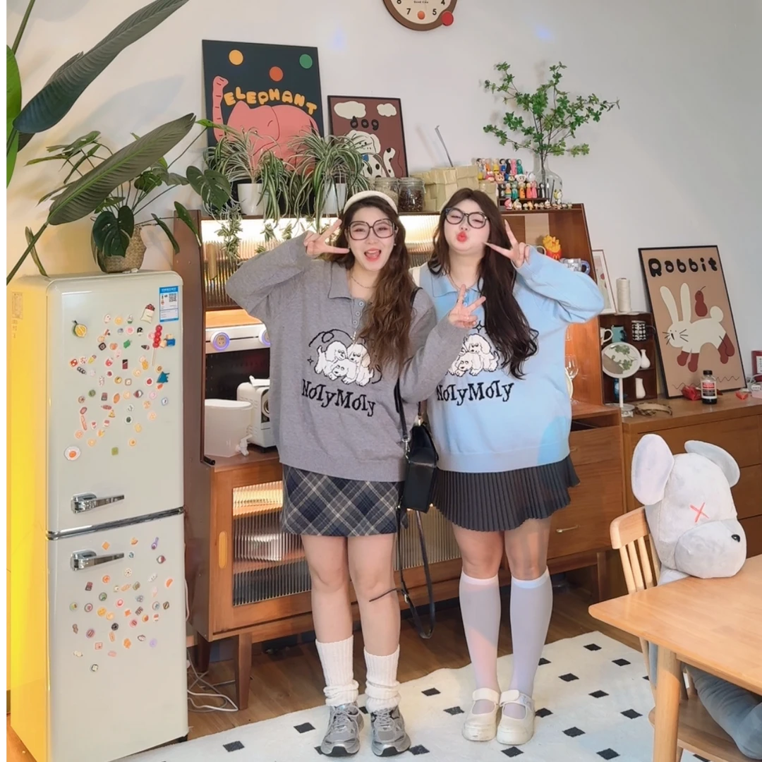 5022大码女装提花可爱狗狗POLO领针织衫女时尚显瘦宽松减龄上衣