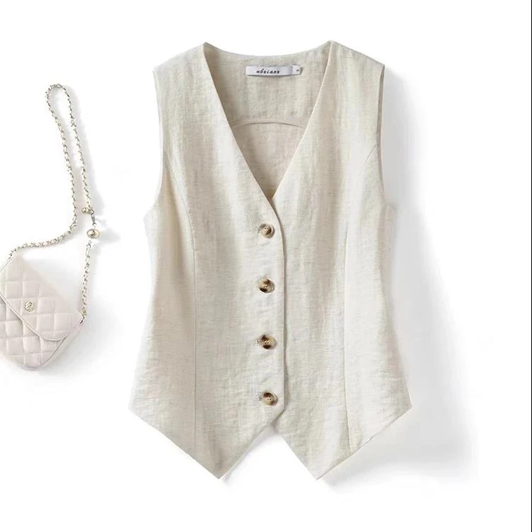 2025夏季背心简约气质亚麻时尚坎肩修身薄款西装马甲女通勤外穿