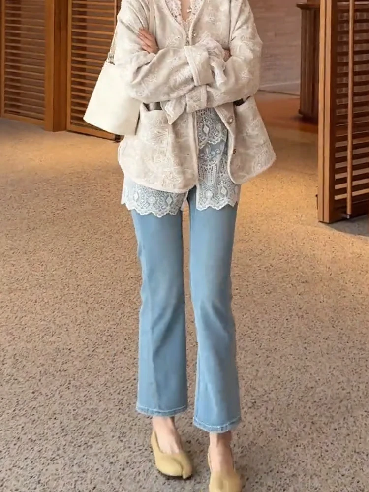 春季新款浅蓝色时尚直筒牛仔裤女小个子高腰显瘦气质九分微喇裤子