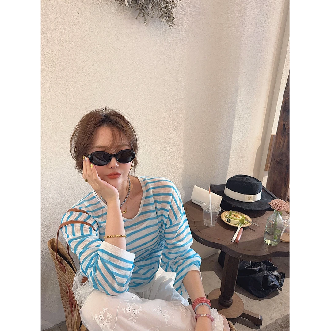 智英欧尼【条纹防晒t恤复古宽松韩版长袖2025开春春季小众炸街女】