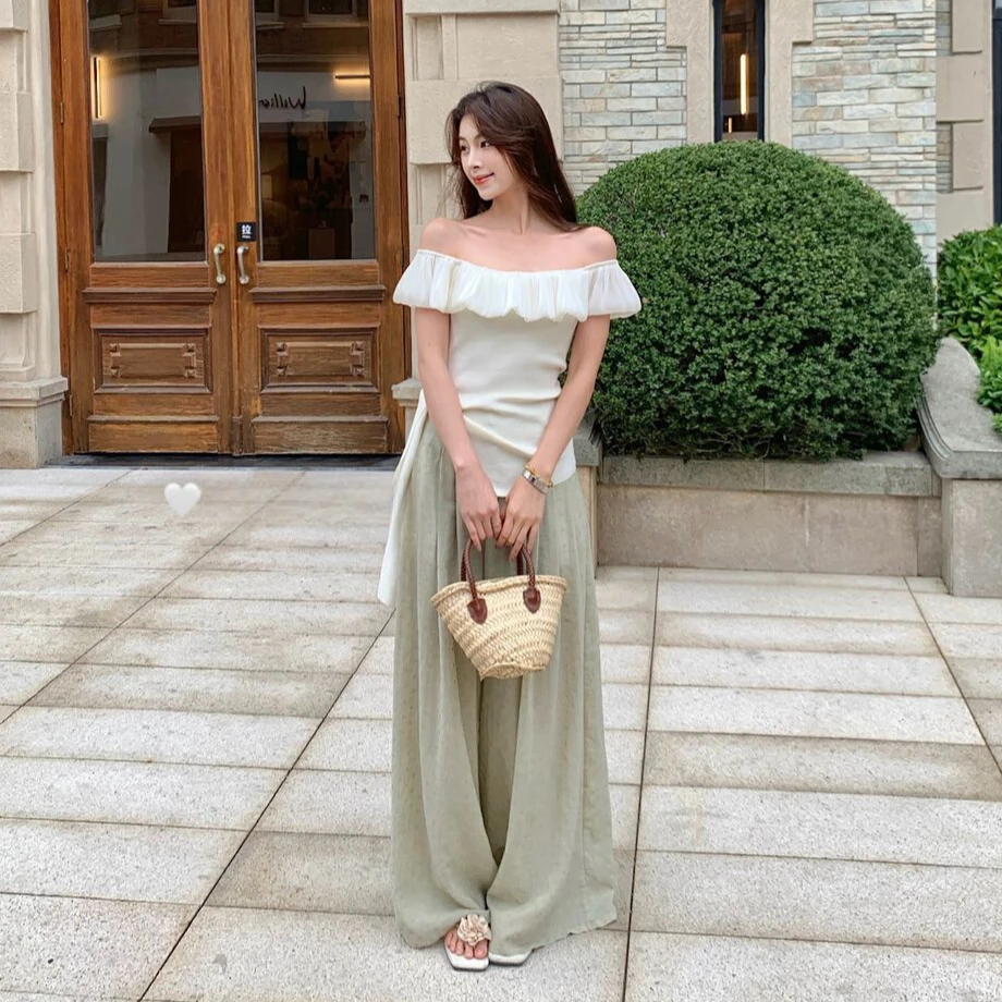 女装夏装套装2025新款爆款休闲纯欲慵懒风一字肩上衣阔腿裤两件套