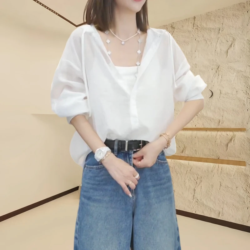 【红了樱桃】2025夏季新款时尚百搭休闲长袖上衣防晒衬衫女宽松显瘦
