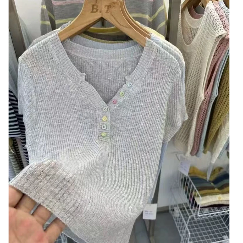 韩系洋气针织短袖女2025夏季新款半开领彩色扣针织衫上衣