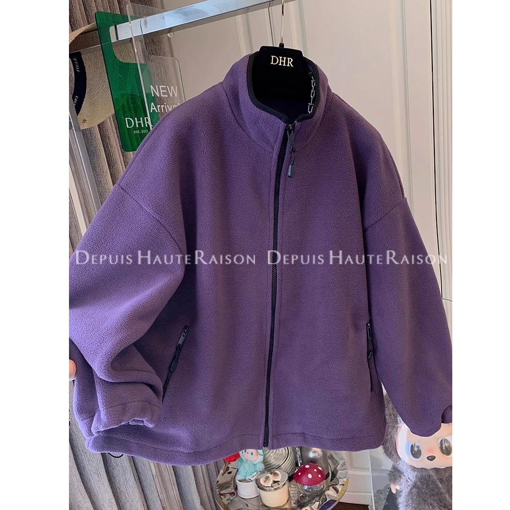 加肥大码300斤时尚紫色摇粒绒卫衣外套男女秋冬休闲拉链加厚上衣