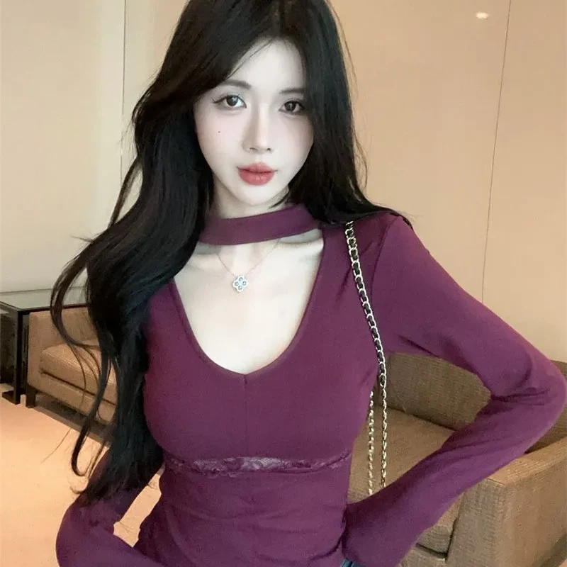 秋季新款港味chic蕾丝露背长袖上衣潮设计感修身显瘦绝美打底衫女