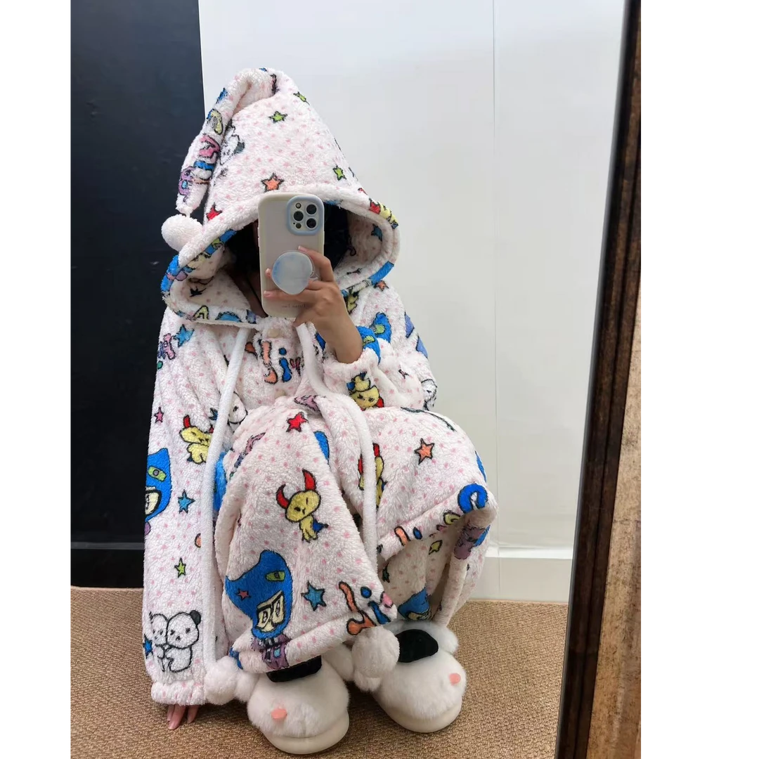 angelDevil *冬季长毛法兰绒睡袍套装可外穿家居服