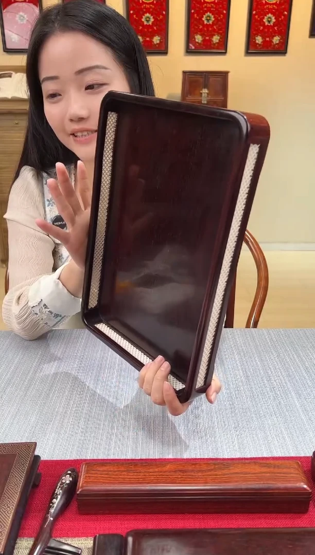 紫檀木类成套家具文盘  镶嵌鹿骨角