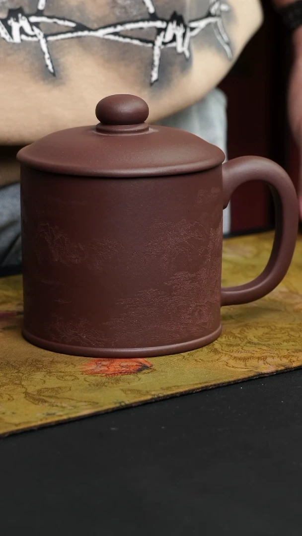 茶杯紫砂紫泥 山水细刻 大容量盖杯600cc
