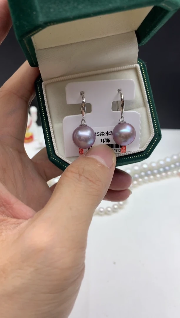 银S925镶嵌ff淡水珍珠紫珠耳饰11~12mm