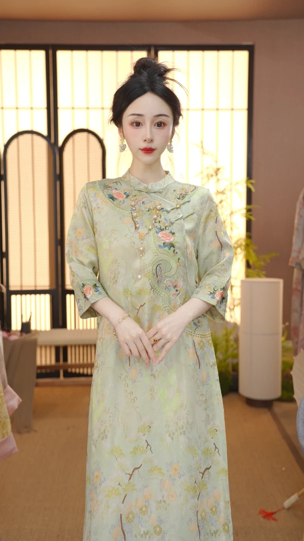 （千山翠）2025新中式改良中式斜襟春夏季女装宽松连衣裙FB2503263