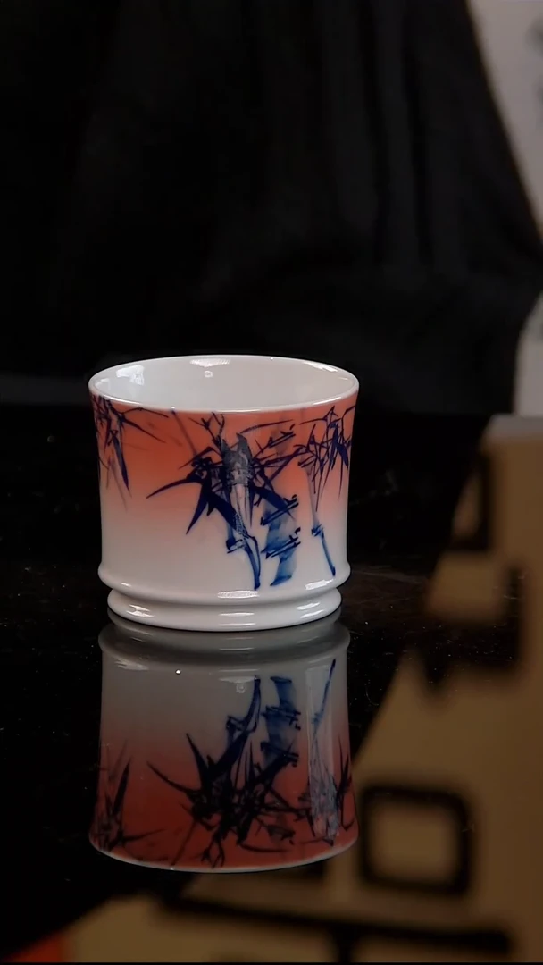 福利款高金堂作青花朝阳翠竹泛舟竹节杯