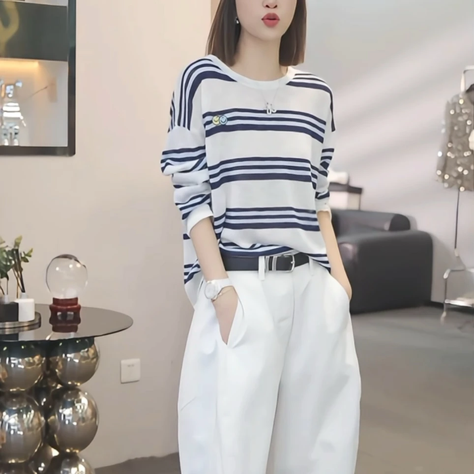 笑脸撞色条纹长袖防晒t恤女夏季空调罩衫2025年新款宽松慵懒上衣