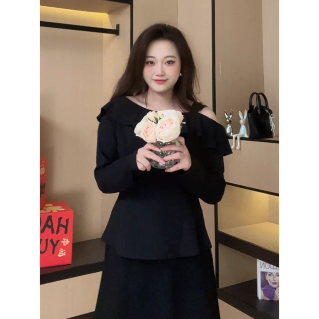 LuLu微胖定制 法式显瘦时尚露肩不规则长袖上衣+长半裙 DM1133