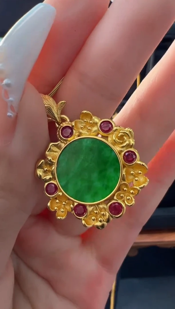 【闪购商品】翡翠吊坠(不含链)银S925镀金镶嵌天然缅甸翡翠A货吊坠