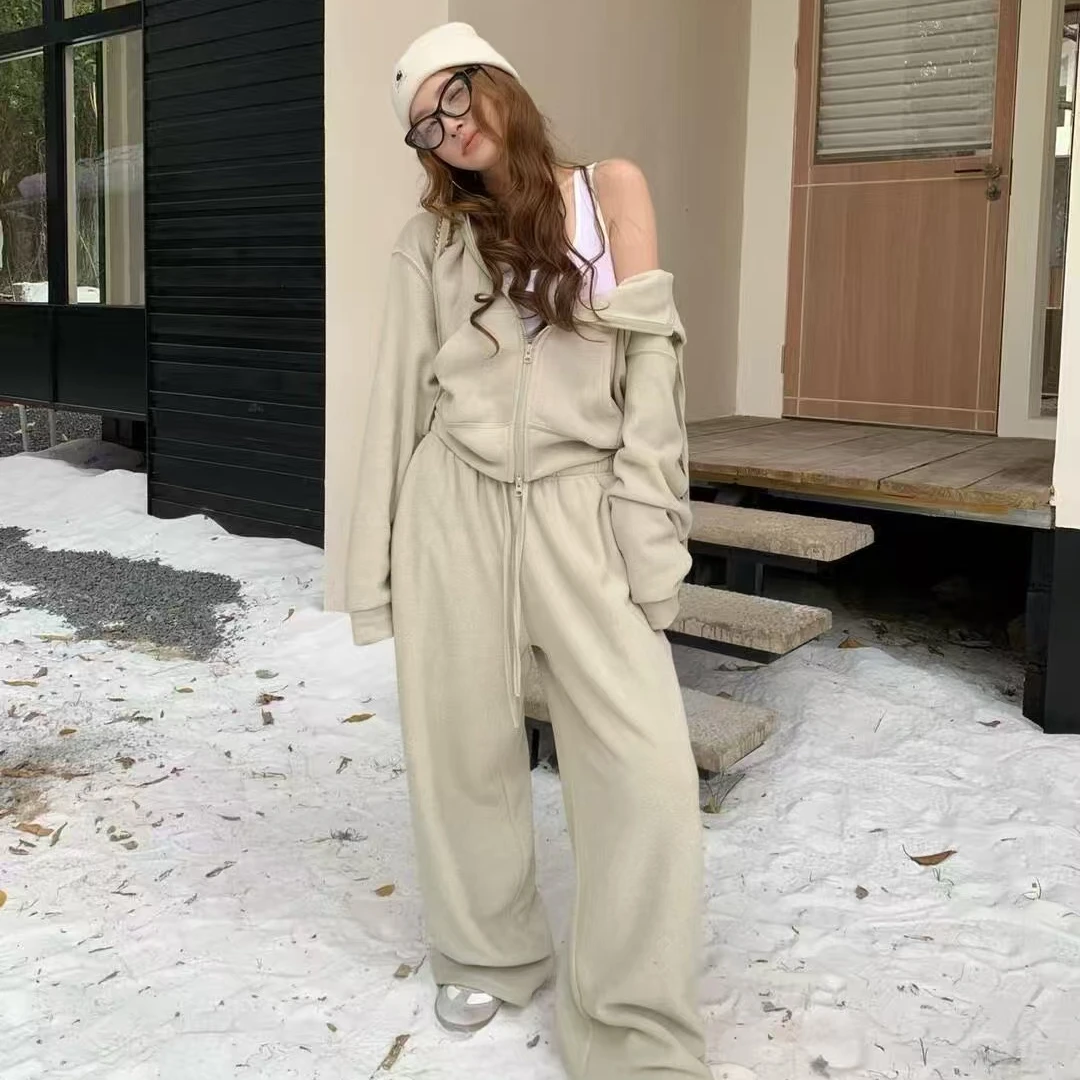 韩系休闲运动服套装女秋冬季小众宽松连帽卫衣时尚阔腿裤两件套潮