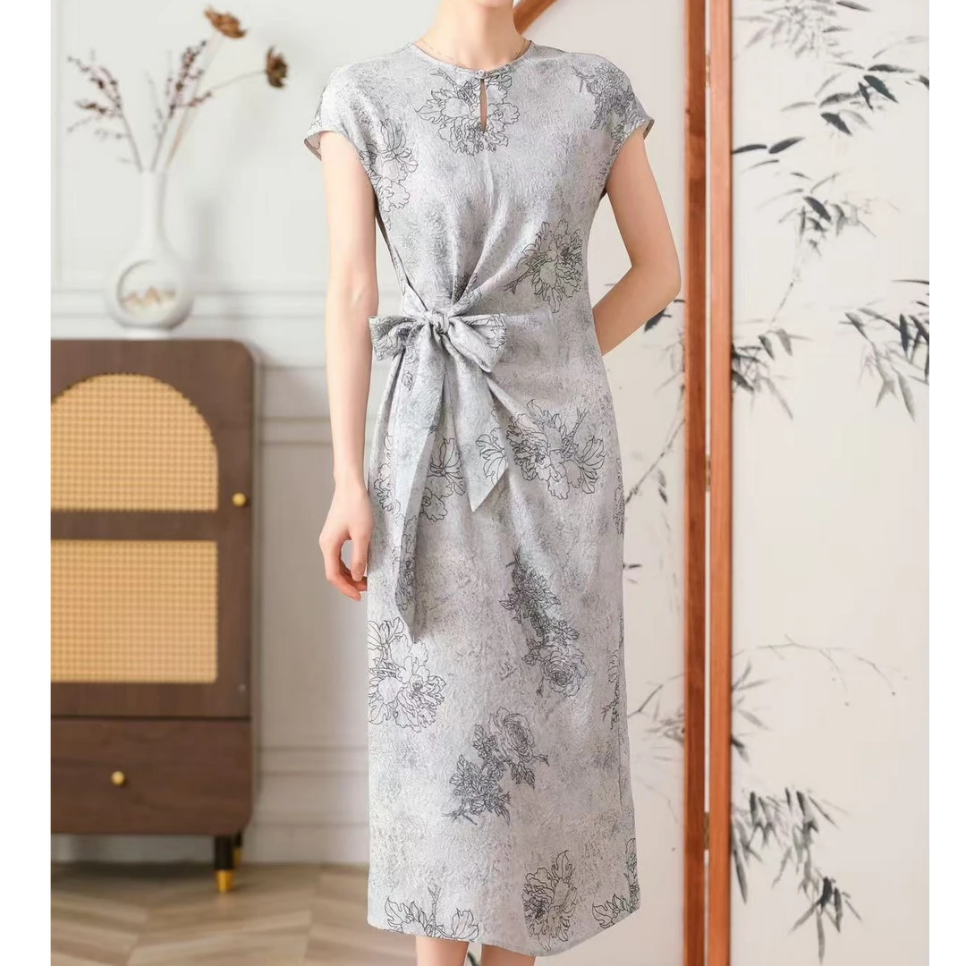 【100%桑蚕丝】冠乐绉旗袍风连衣裙 数兰朵气质显瘦收腰真丝长裙子