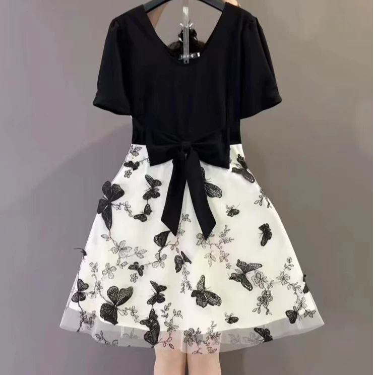 大码法式圆领蝴蝶结连衣裙网纱拼接蝴蝶假两件公主裙